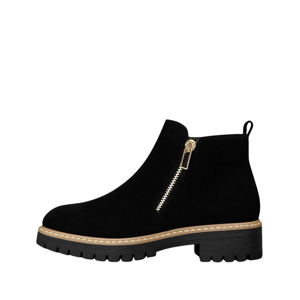 Women’s Black Chunky Ankle Boots with Side Zipper – Casual Suede-Look Platform Booties