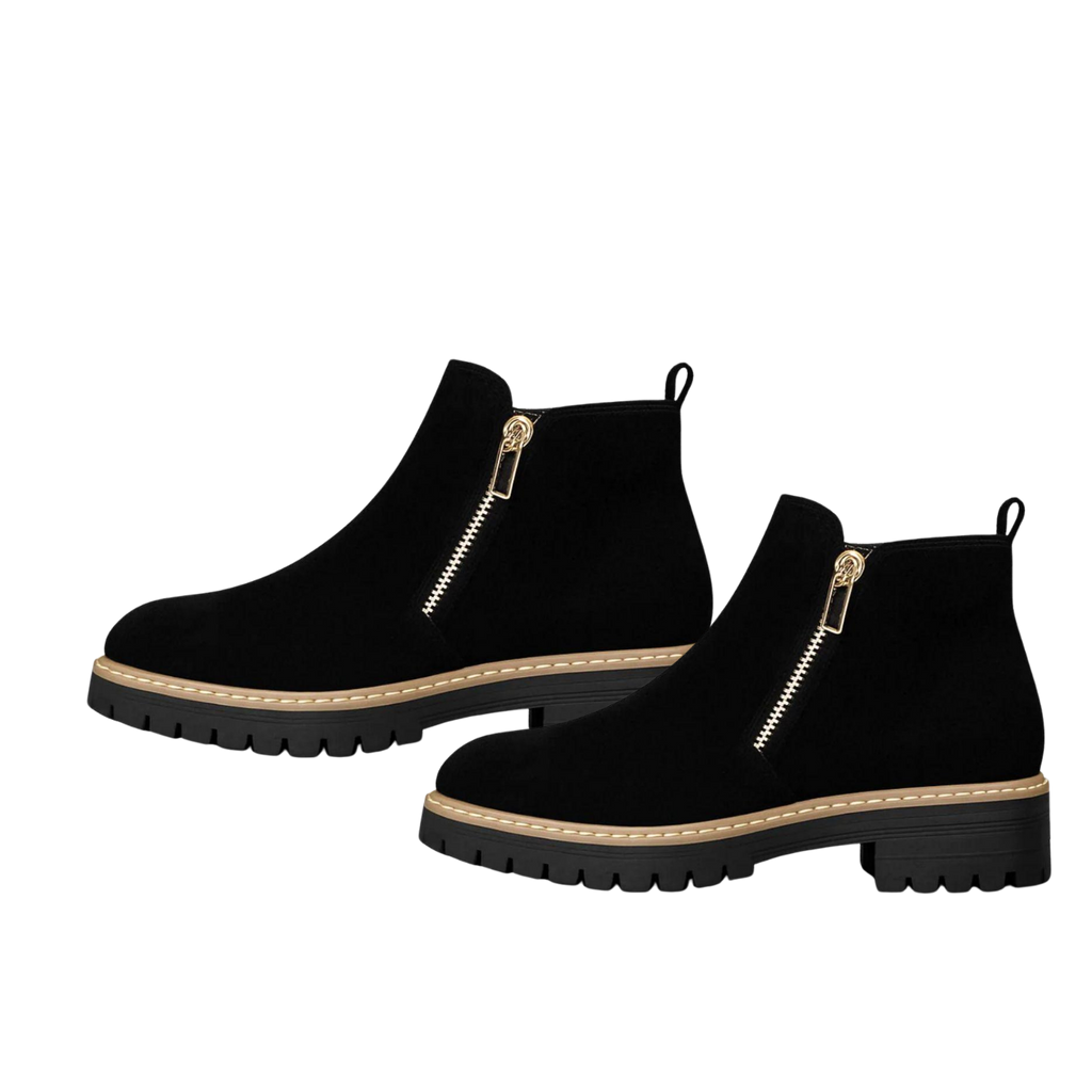 Women’s Black Chunky Ankle Boots with Side Zipper – Casual Suede-Look Platform Booties