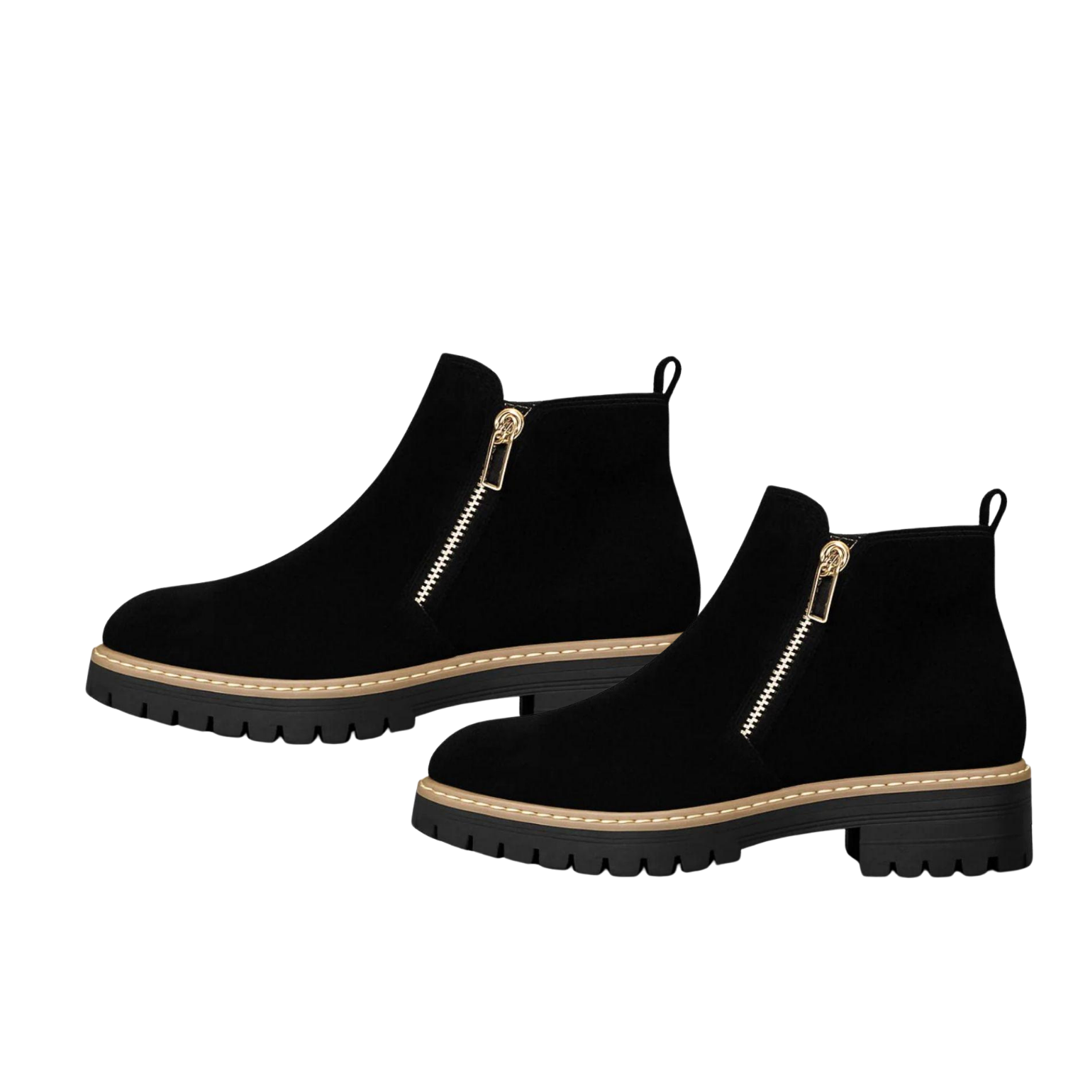 Women’s Black Chunky Ankle Boots with Side Zipper – Casual Suede-Look Platform Booties