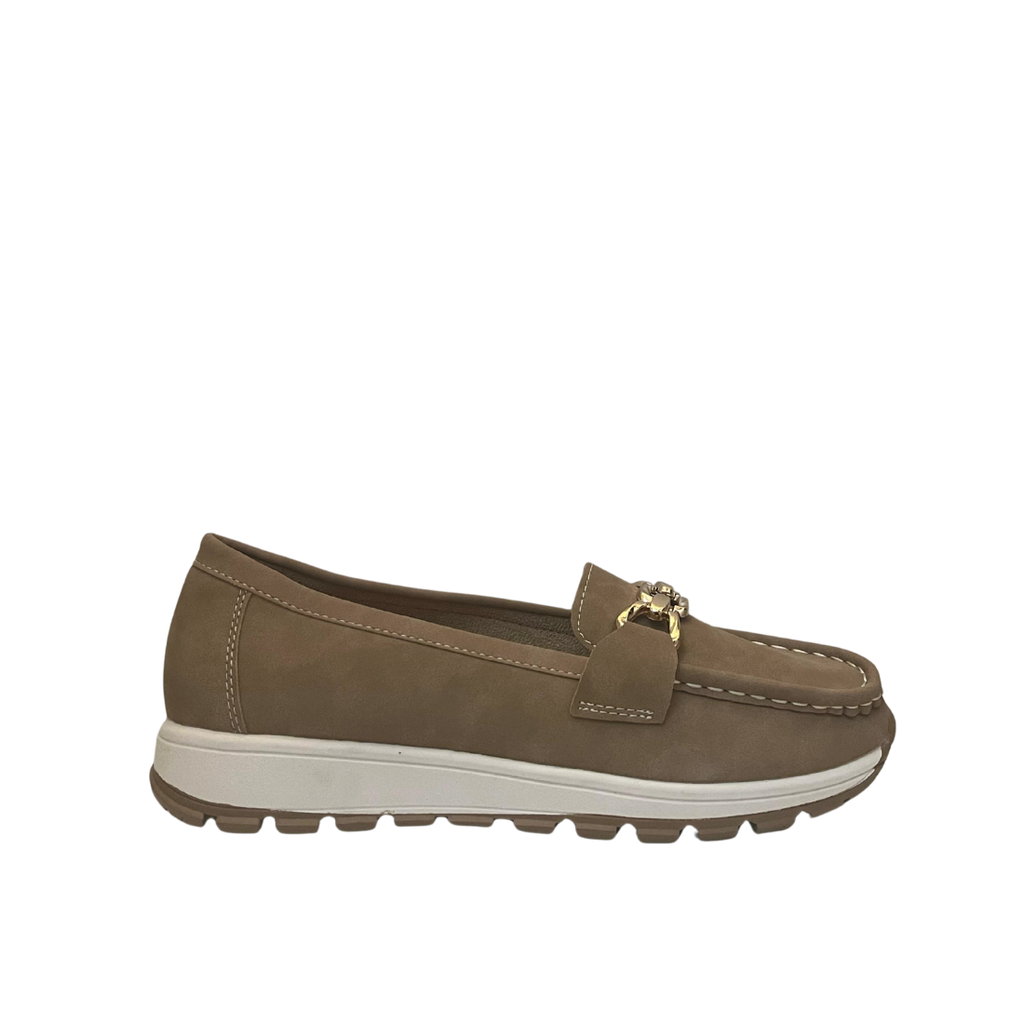 Women’s Taupe Loafers with Gold Chain – Comfortable Casual Slip-On Shoes