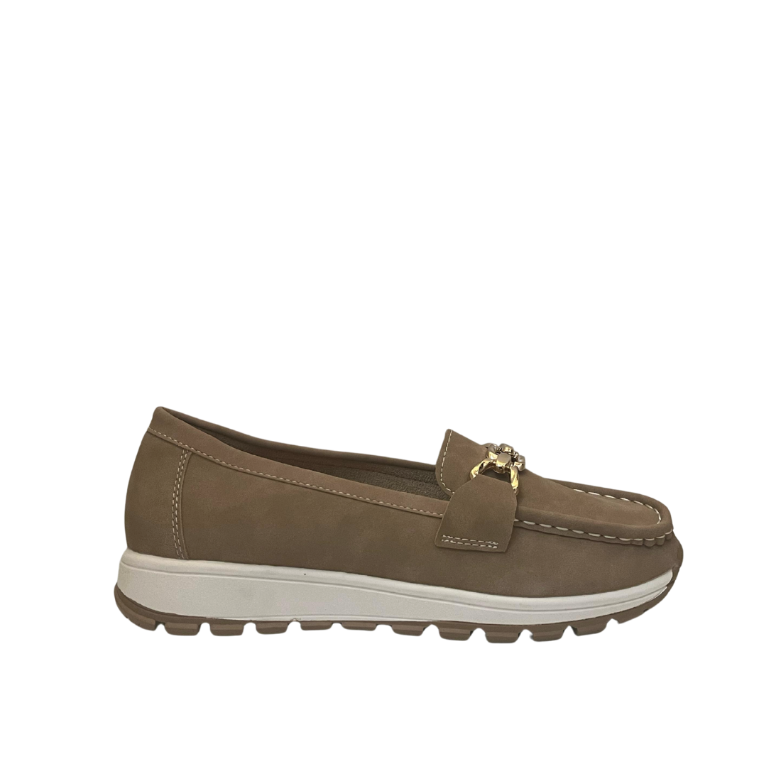 Women’s Taupe Loafers with Gold Chain – Comfortable Casual Slip-On Shoes