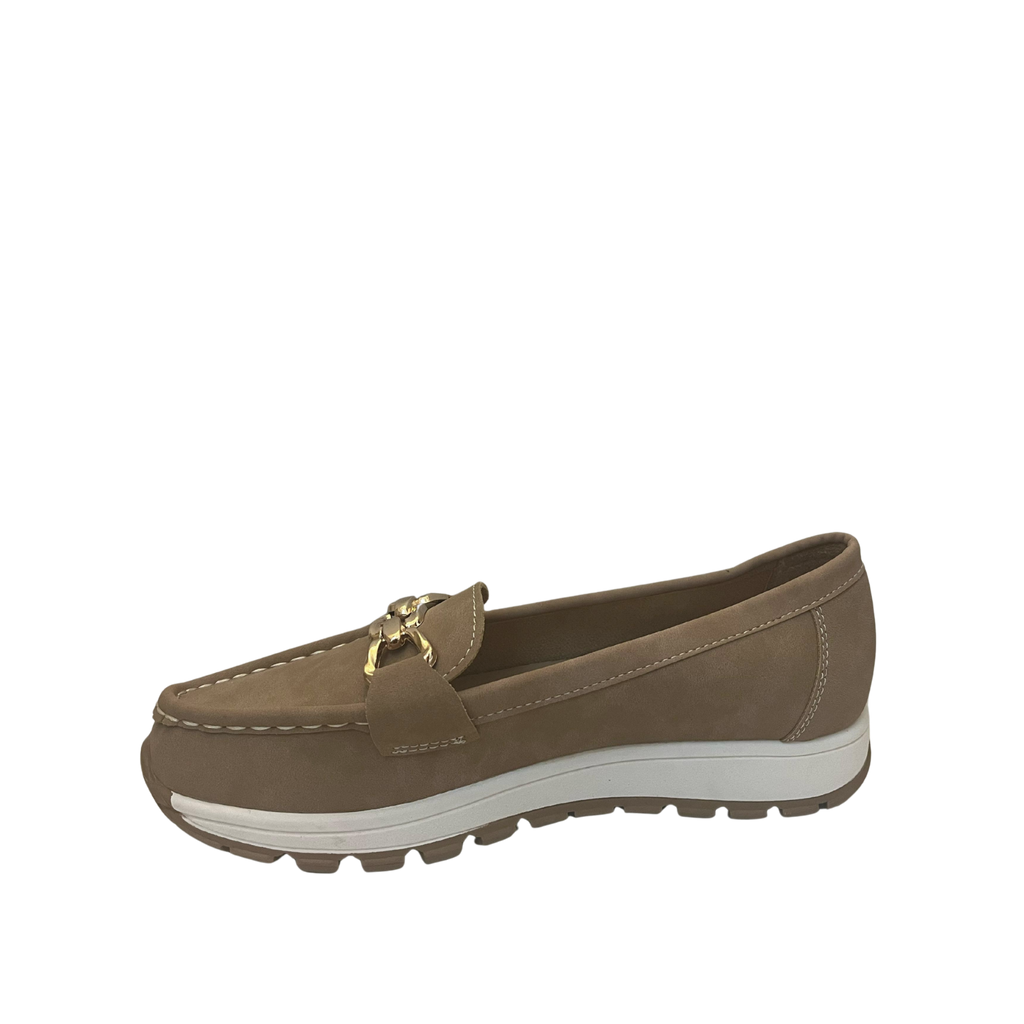 Women’s Taupe Loafers with Gold Chain – Comfortable Casual Slip-On Shoes