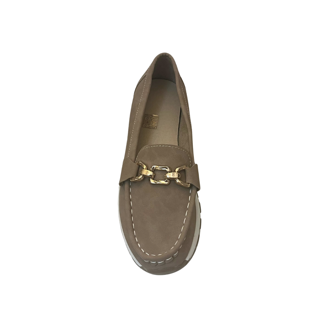 Women’s Taupe Loafers with Gold Chain – Comfortable Casual Slip-On Shoes