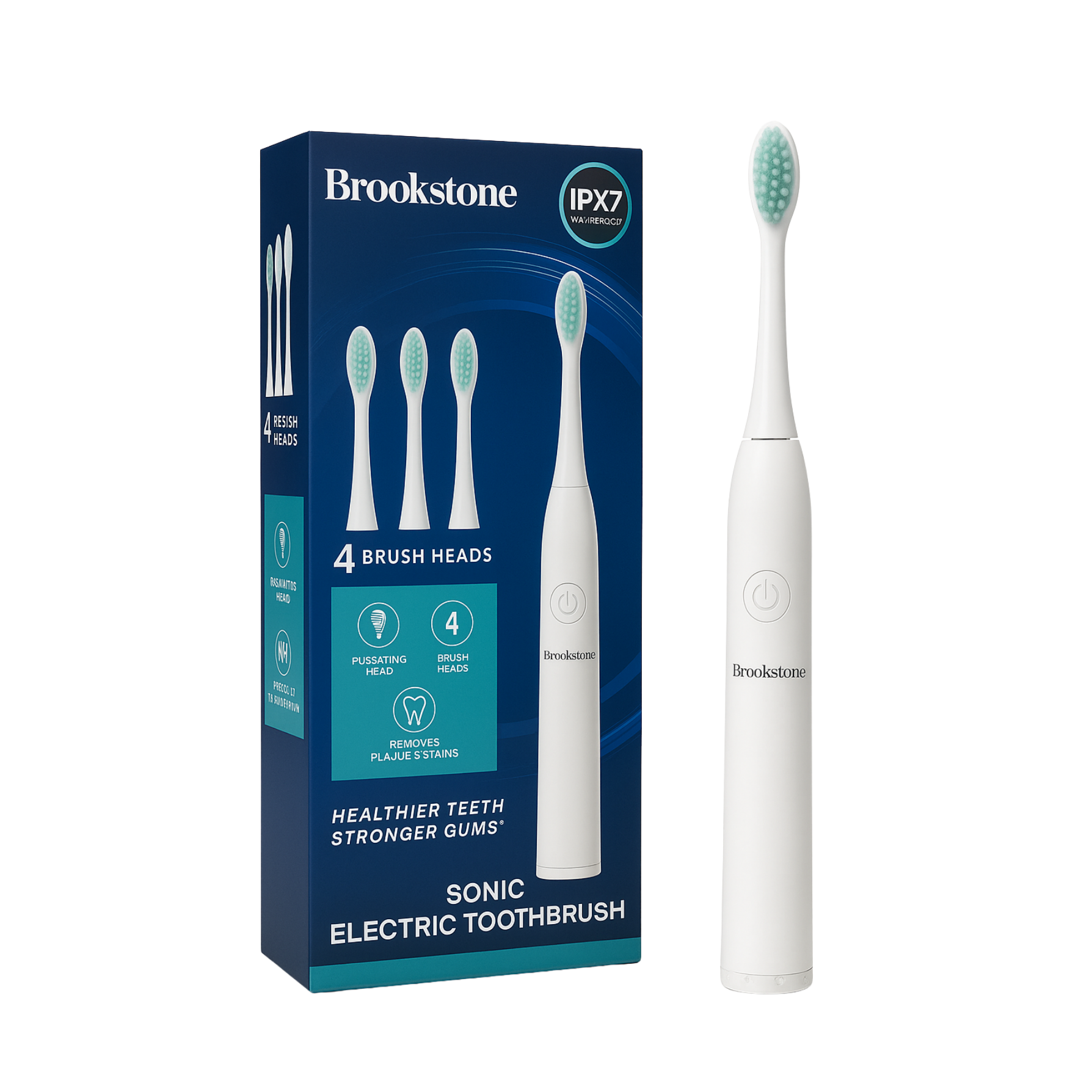 Brookstone Sonic Electric Toothbrush – 9,800 Pulsating Strokes/min, IPX7 Waterproof, 4 Brush Heads Included, Plaque & Stain Removal