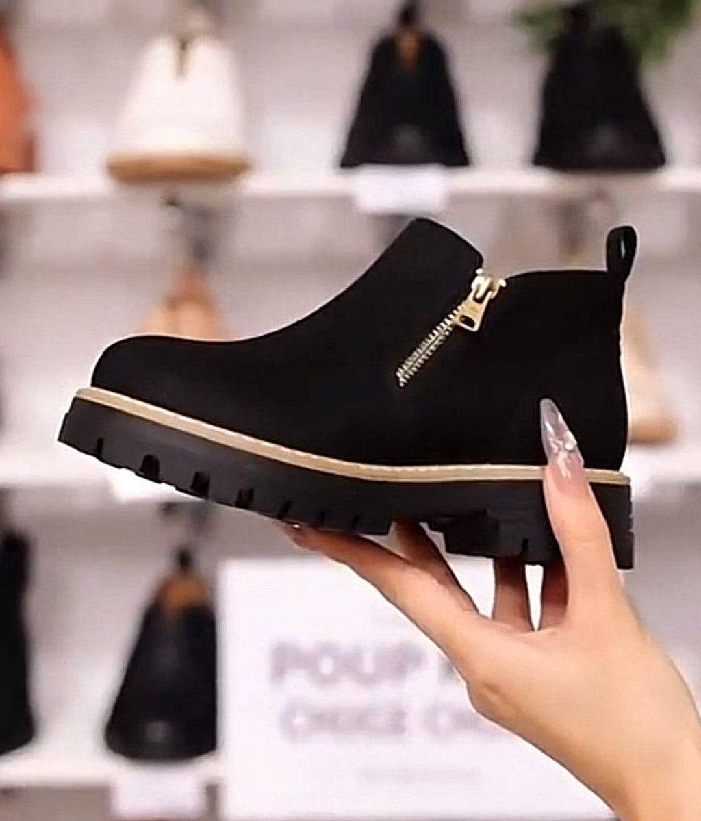 Women’s Black Chunky Ankle Boots with Side Zipper – Casual Suede-Look Platform Booties